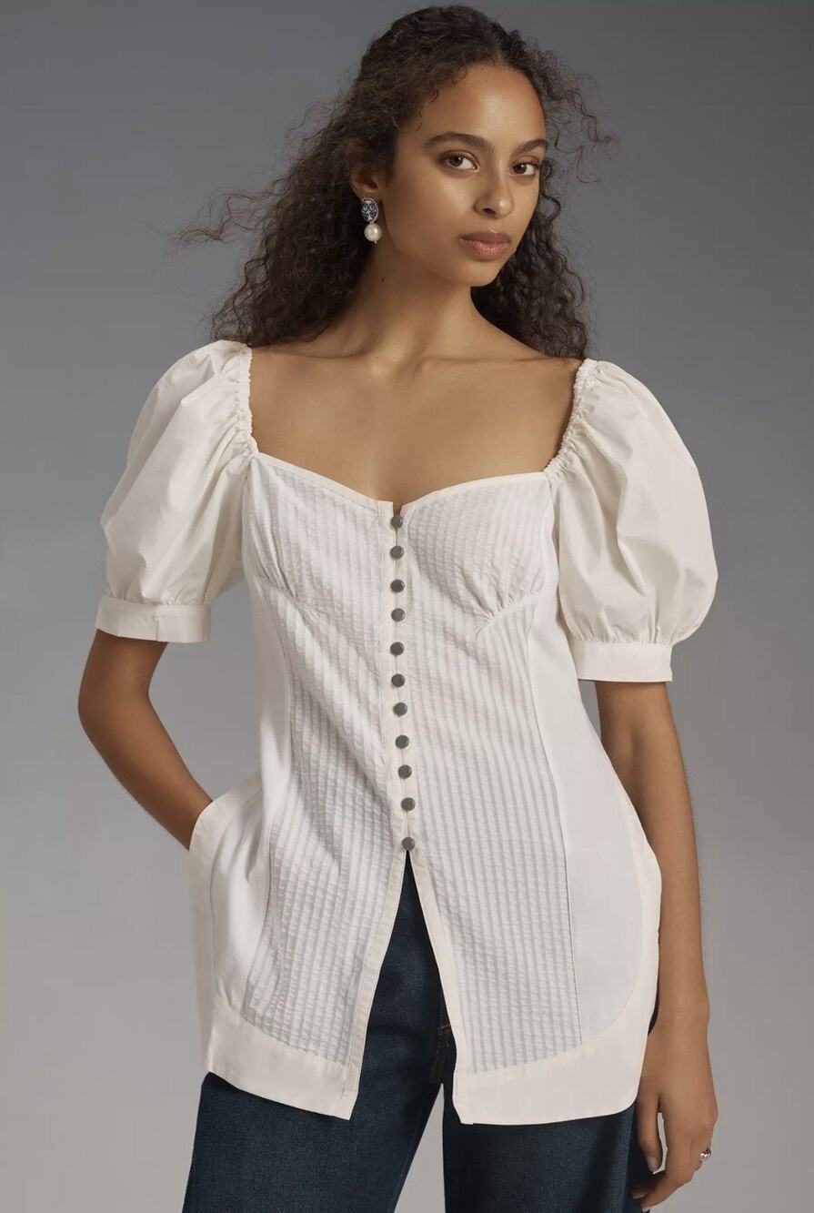Anthropologie Maeve Puff-Sleeve Sweetheart Tunic Top — M Ivory Peasant Cottage